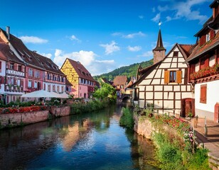 oberhof chapel and half timbered houses on the river weiss kaysersberg alsace france europe