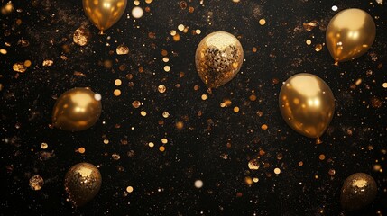 Celebration background with confetti and gold balloons Gold balloons on a black background. copy space for banner