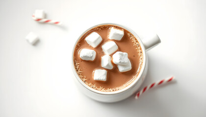 Overhead view of cup of hot chocolate with marshmallows with a white accent, png