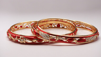 Two red bangles, layered, with gold filigree detailing.

