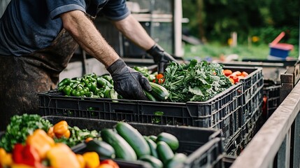 Fresh vegetable crates being loaded onto a delivery vehicle at an organic farm.