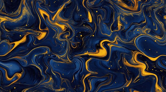 Seamless pattern of blue and golden liquid texture with watercolor marbling design ideal for abstract backgrounds