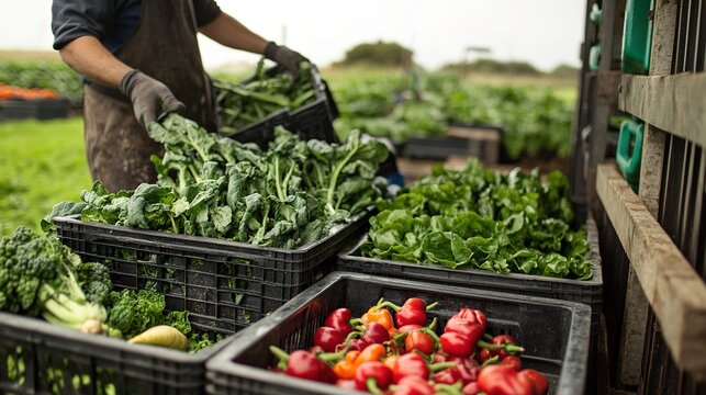 Fresh vegetable crates being loaded onto a delivery vehicle at an organic farm.
