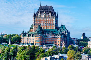 Fototapeta premium A view towards the Dufferin Terrace in Quebec city from a cruise ship moored at the cruise terminal in the fall