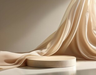 modern minimal and luxury geometric design of acrylic beige podium table and blowing sheer curtain in sunlight on cream white wall for elegant jewelry beauty cosmetic product display background