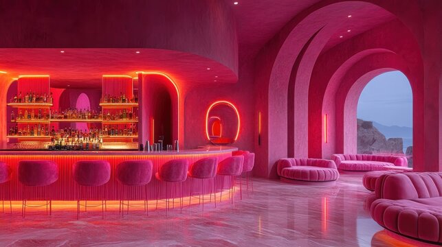 Here's a possible  and keyword list for your stock photo.. Pink neon bar with ocean view, arched walls, and plush seating.