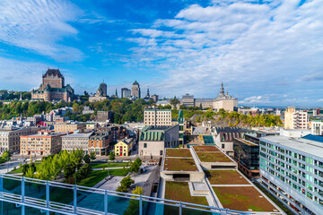 Obraz premium A view towards the center of Quebec city from a cruise ship moored at the cruise terminal in the fall