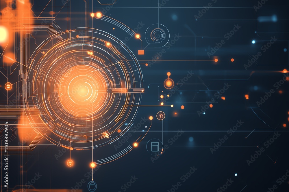 Poster abstract representation of technological concepts featuring glowing circles and circuits, ideal for 