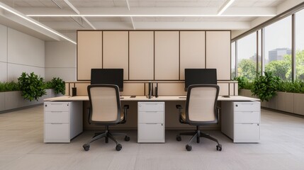 Modern Office Workspace with Minimalist Design and Green Plants
