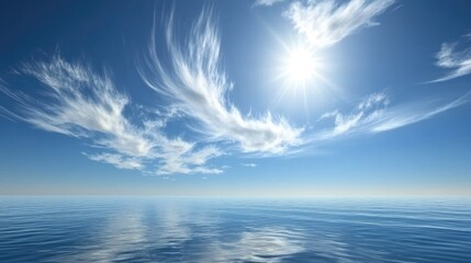 Obraz premium Blue sky with wispy clouds casting reflections on a calm ocean surface, peaceful and quiet