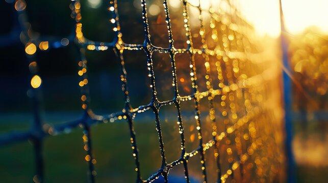 Close-up of dewy sports net at sunset, golden hour light.