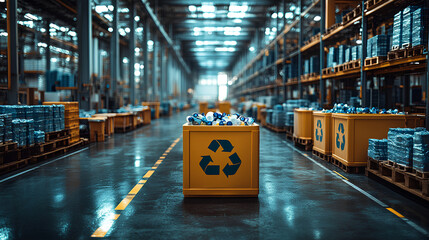 A circular diagram in 3D or flat design showing arrows connecting various elements like recycling bins, factories, product shelves, and consumers, symbolizing waste minimization and reuse