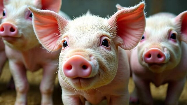 Closeup of young baby piglets in a pigsty