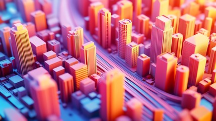 Obraz premium Vibrant city skyline, geometric buildings bathed in warm sunset hues.