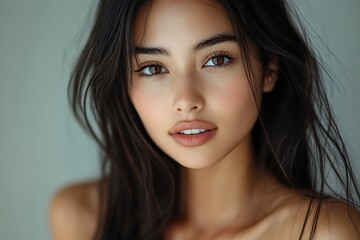 Naklejka premium Radiant Young Woman Beauty Shot Subtle Makeup, Soft Lighting
