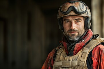 Fototapeta premium Rugged man in tactical gear with goggles looking thoughtful.