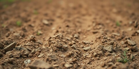 A close-up view of a dirt road with a shallow depth of field, highlighting the rough texture and scattered stones