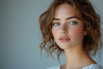 Fototapeta premium Radiant Young Woman Portrait Soft Lighting Freckles Blush