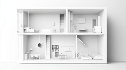 Detailed cutaway perspective of a modern white home, highlighting interior elements and structured, open spaces with minimalist decor.