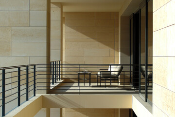 Modern balcony with chair, table, and railing.