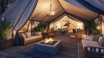 Fototapeta premium Elegant glamping tent under the stars, complete with cozy furnishings and fire pit