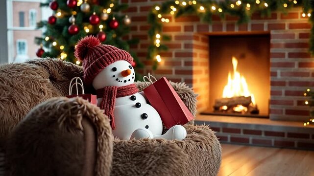 Snowman with red shopping bags wearing a red scarf and hat is resting on the furry couch near a cozy fireplace, backwards dolly shot