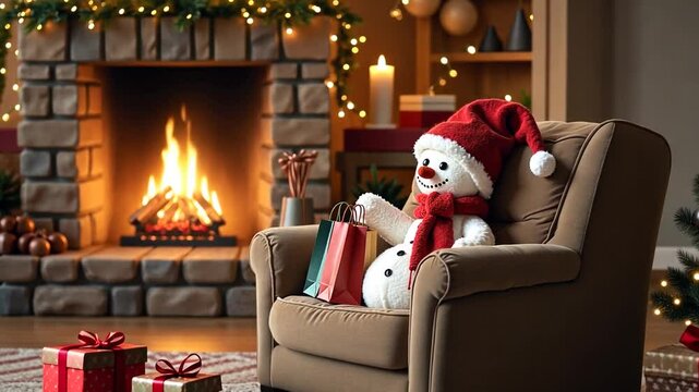 Snowman with shopping bags wearing a red scarf and hat is resting on the couch near a cozy fireplace, backwards dolly shot