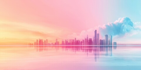 Fototapeta premium A stunning skyline at sunset reflecting vibrant colors on calm waters.