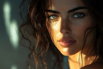 Sensual Girl Portrait Warm Light, Smooth Brown Skin, Dark Shadow