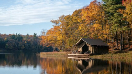 Glamping site with safari-style tent overlooking a lake, surrounded by trees and serenity