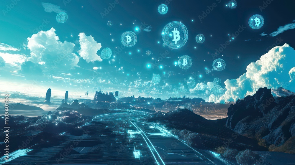 Poster futuristic landscape with glowing bitcoin symbols floating in the sky above a road leading to a dist