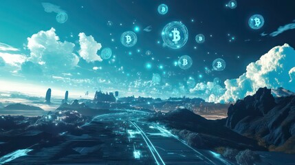 Futuristic landscape with glowing Bitcoin symbols floating in the sky above a road leading to a distant city.