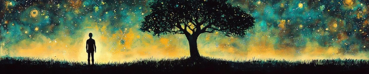 Solitary Figure Under Starry Night Sky Tree Silhouette Peaceful Landscape Painting