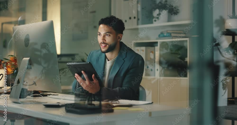 Poster Office, desk and man with tablet for business plan, computer or checking online schedule ideas. Scroll, website and businessman with digital app for project management, communication or networking