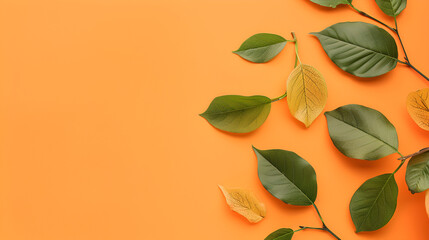 An imaginative arrangement including leaves on a vivid orange 