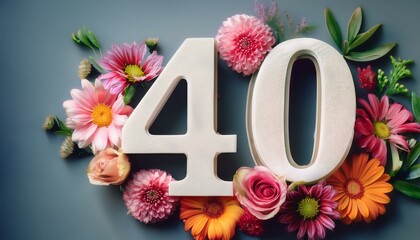 40th year or anniversary celebration with flowers surround the number 40; anniversary and celebration