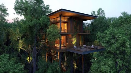 Modern treehouse high in the trees, overlooking forest scenery, perfect for nature-inspired travel