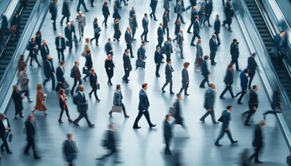 Busy crowd of professionals commuting in a modern urban environment.
