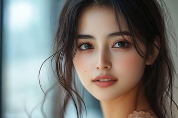 Naklejka premium Serene Asian Woman Golden Hour Bokeh Portrait