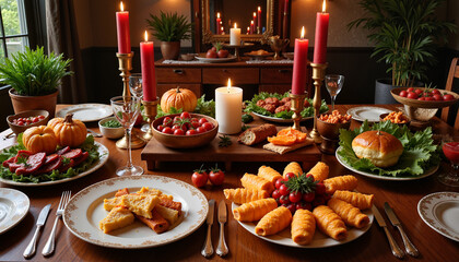 Fototapeta premium Festive dinner table with candles, Father's Day celebration.