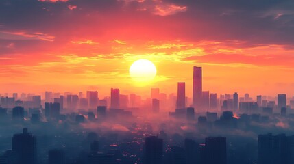 Fototapeta premium Fiery sunrise over a hazy cityscape. Silhouetted buildings bathed in warm, orange light.