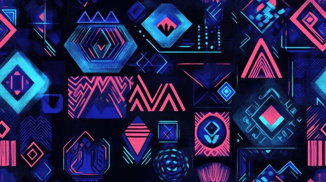 Vibrant seamless boho pattern featuring indigo and blue neon geometric designs perfect for textile applications and home decor
