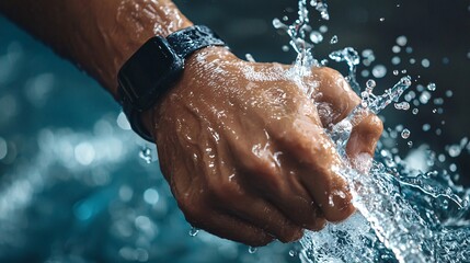Fototapeta premium Closeup Hand Water Splash Smartwatch Fitness Hydration