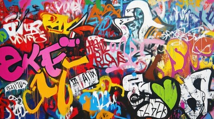 A colorful graffiti art piece featuring a mix of words and images.
