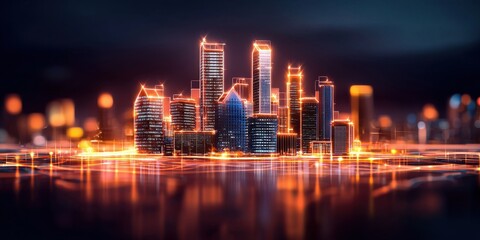 Obraz premium Futuristic city skyline illuminated with neon lights reflecting on calm water at night.