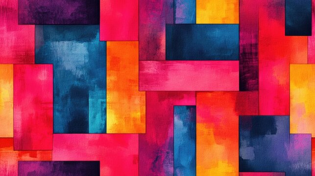 Trendy geometric Memphis seamless pattern featuring vibrant watercolor textures and playful rectangle motifs ideal for innovative designs fashion home decor