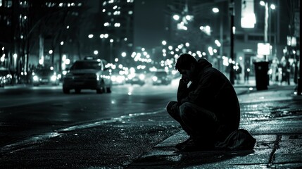 Obraz premium A dark, desolate street scene representing the isolation and hardship associated with homelessness.