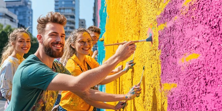 Joyful people painting a vibrant wall in a community art project under blue skies.