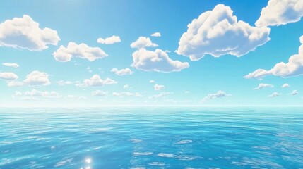 Tranquil blue sky with a few clouds, spreading over a calm and quiet ocean