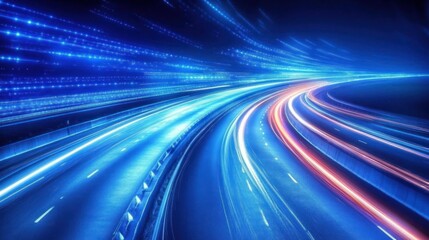 Dynamic light trails on a highway at night, showcasing speed.